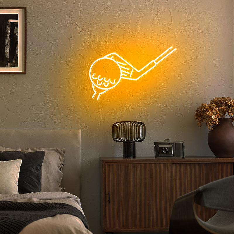 Golf Led Neon Lights in golden yellow hanging in bedroom.