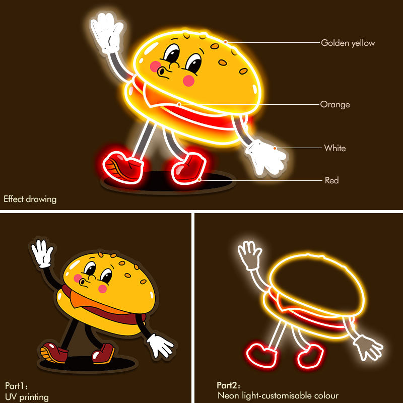 Three-dimensional cute cartoon hamburger neon light