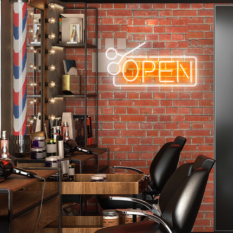 Personalized Hair Salon Open Neon Sign installed onto wall at mens babershop. Colors can be picked by customer. This light has the colors golden yellow and white. Hair Salon Open Neon Sign available to order online at Neon Partys. 