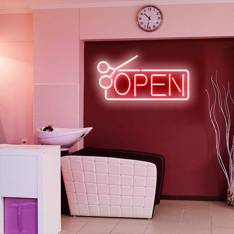 OPEN light at womens hair salon. Light installed onto wall. OPEN letters are in red and the border with scissors is in the color white. Hair Salon Open Neon Sign available to order online at Neon Partys. 