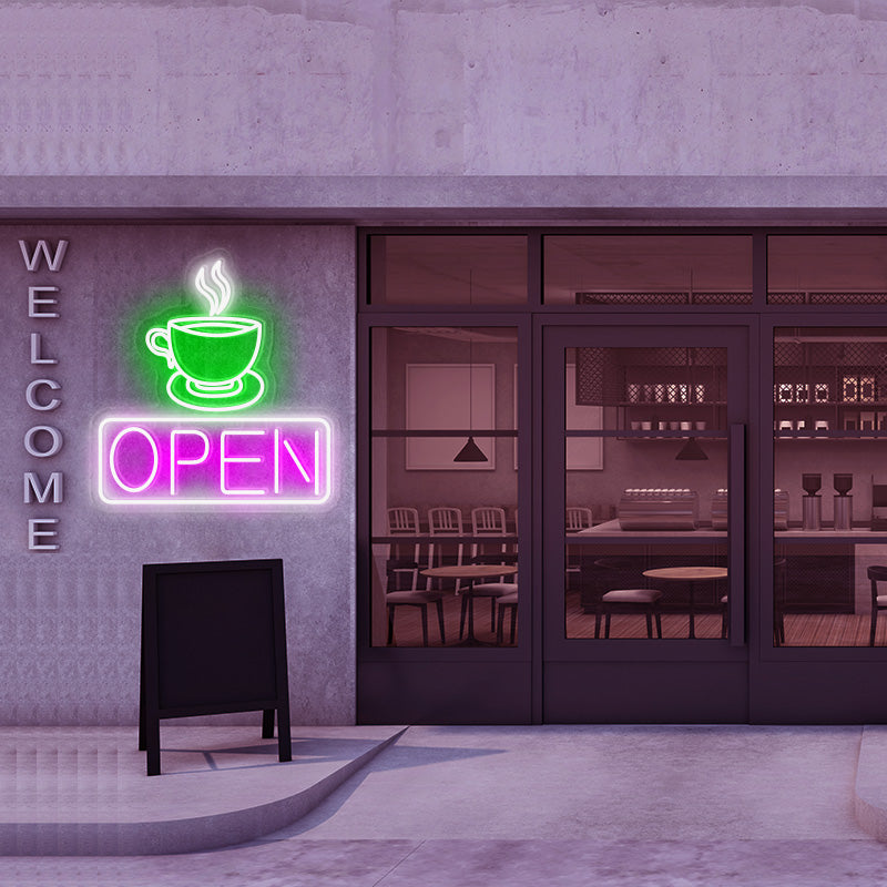 Open Sign With Coffee Cup