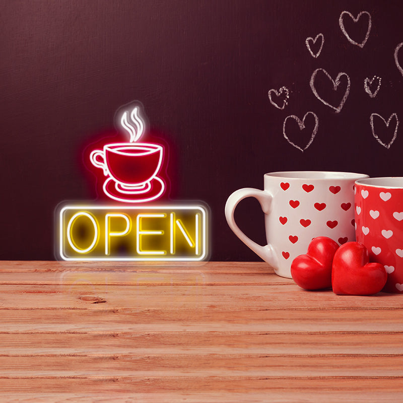 Open Sign With Coffee Cup
