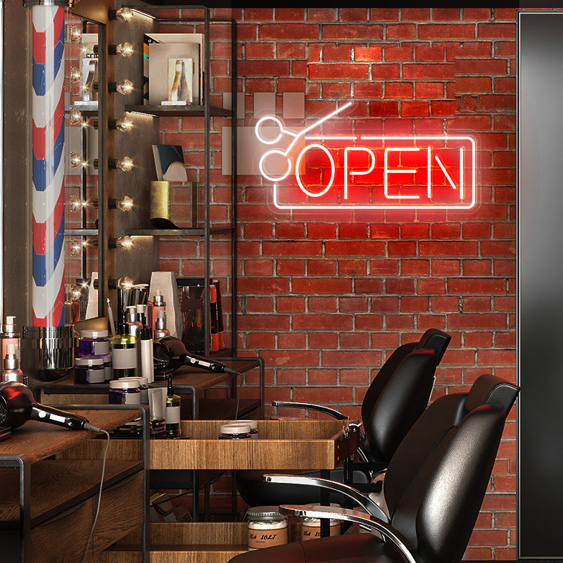Hair Salon Open Neon Sign installed onto wall at Barbershop. The OPEN letters are in red and the border is in the color white. Hair Salon Open Neon Sign available to order online at Neon Partys. 